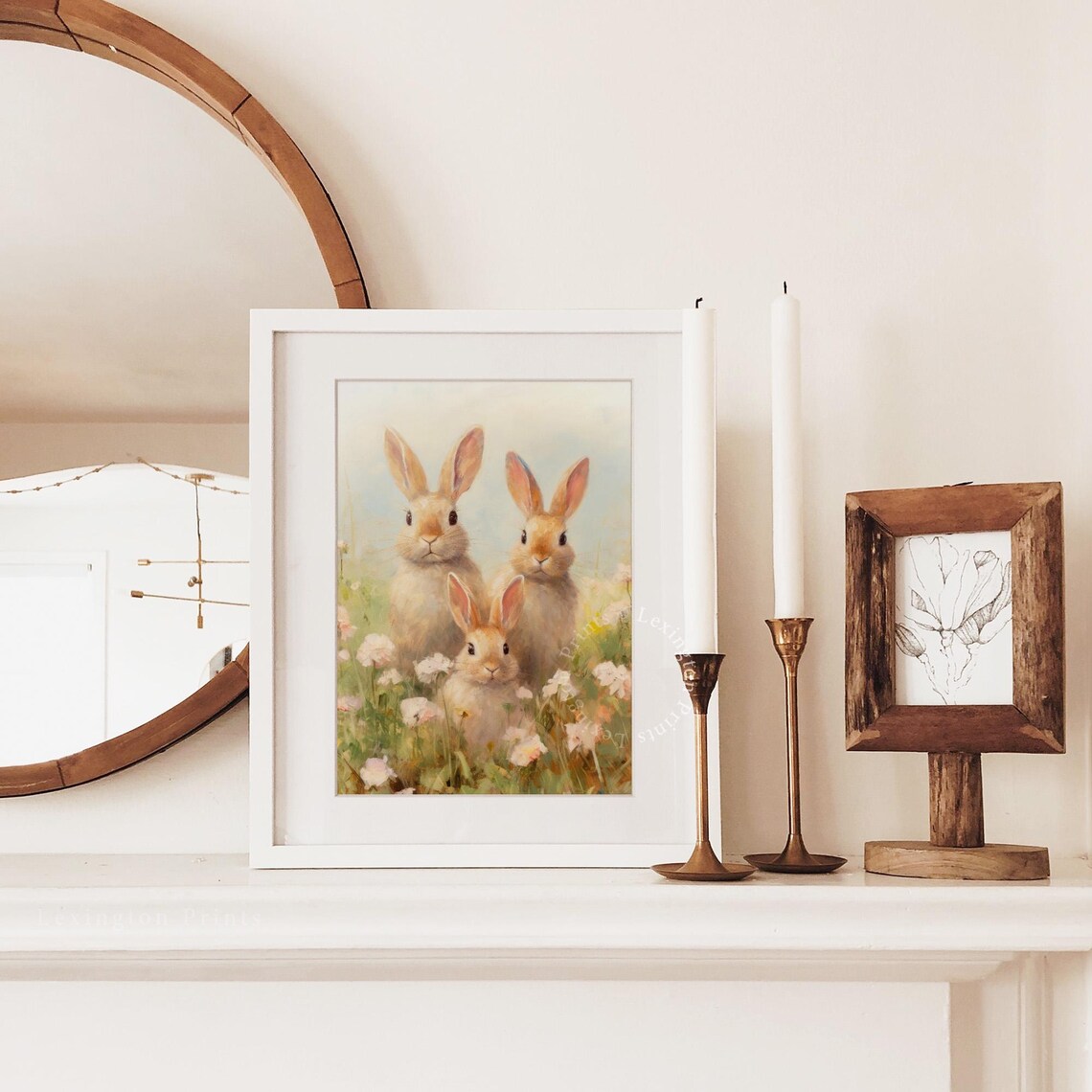 Three Bunnies Close Up Watercolor Spring Rabbit Family Wall Art - Image 3
