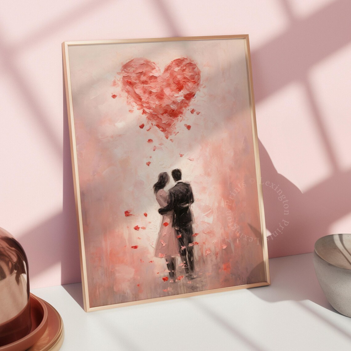 Embracing Couple Beneath Heart of Rose Petals Romantic Art Print - Image 7