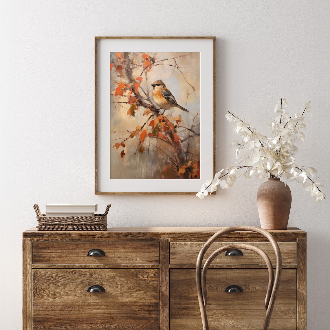 Autumn Songbird Orange Leaves Branch Vintage Bird Painting Poster - Image 5