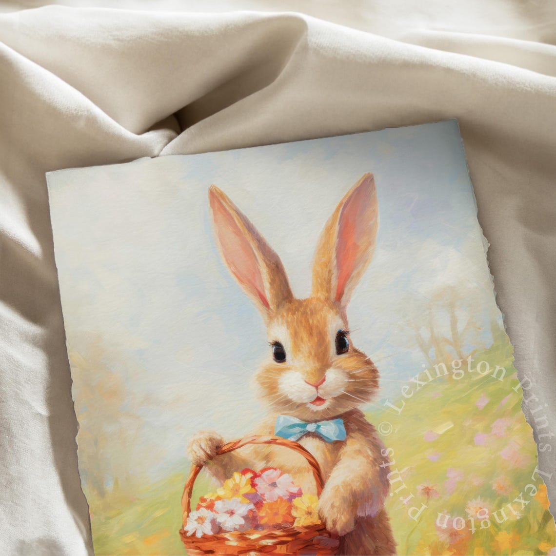 Cute Easter Bunny with Flower Basket Spring Meadow Kids Bedroom Print - Image 6