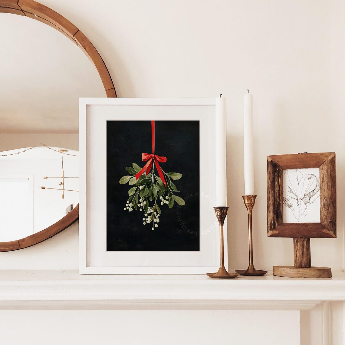 Mistletoe Hanging From Red Ribbon on Dark Background Botanical Print - Image 4