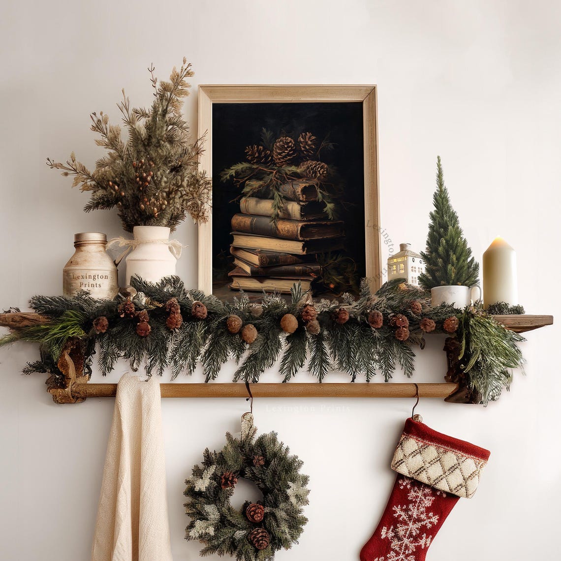Antique Books Stack Pine Cones Dark Academia Still Life Poster - Image 4