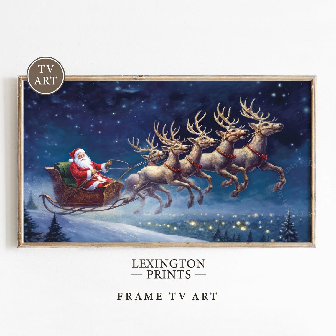 Santa Sleigh Reindeer Flying Night Sky Christmas Painting Poster