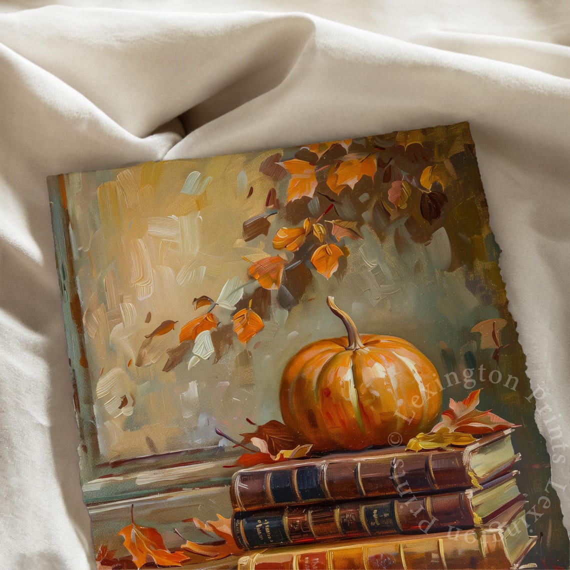 Pumpkin on a Stack of Vintage Books Cozy Fall Still Life Poster - Image 7