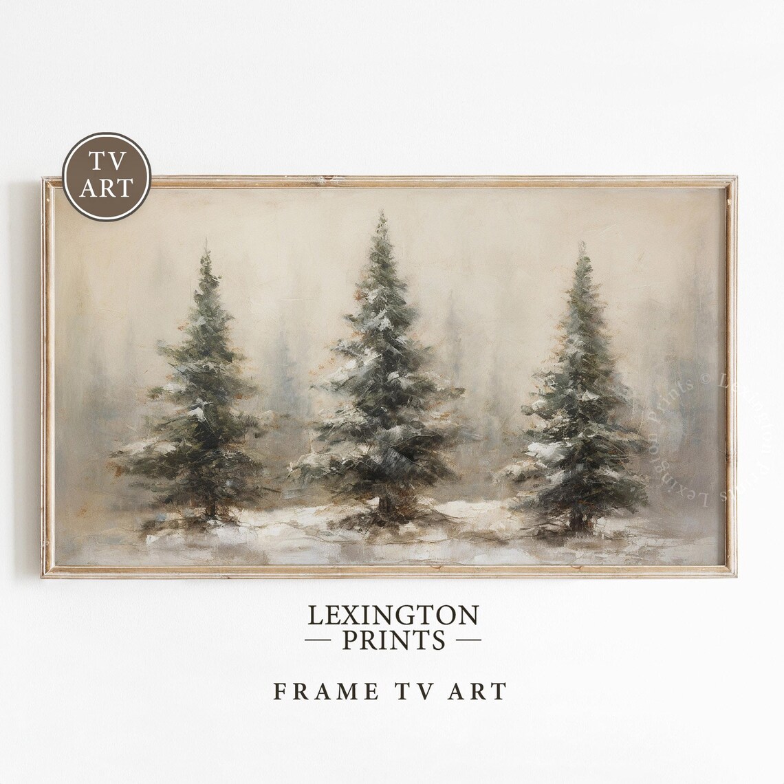 Three Snowy Evergreen Trees in Winter Fog Frame TV Art Poster