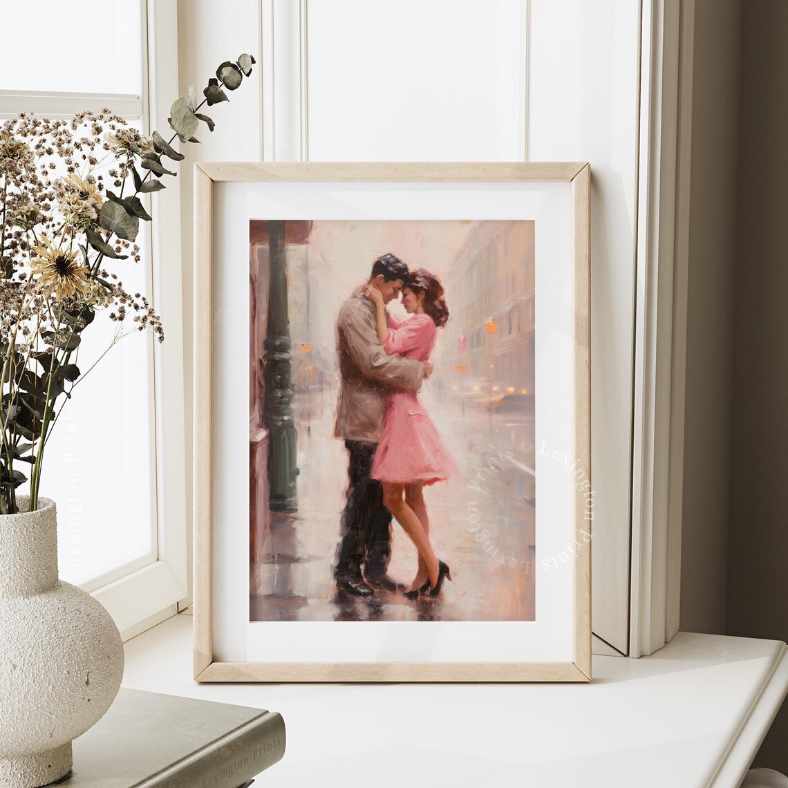 Romantic Couple Embracing in Rainy City Street Love Painting Print