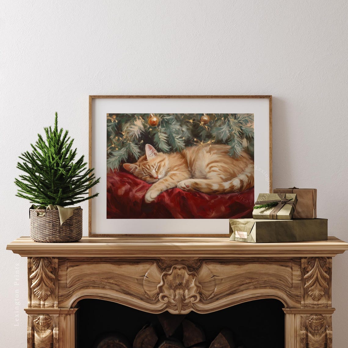 Orange Tabby Cat Sleeping Under Christmas Tree Cozy Holiday Pet Poster - Image 4