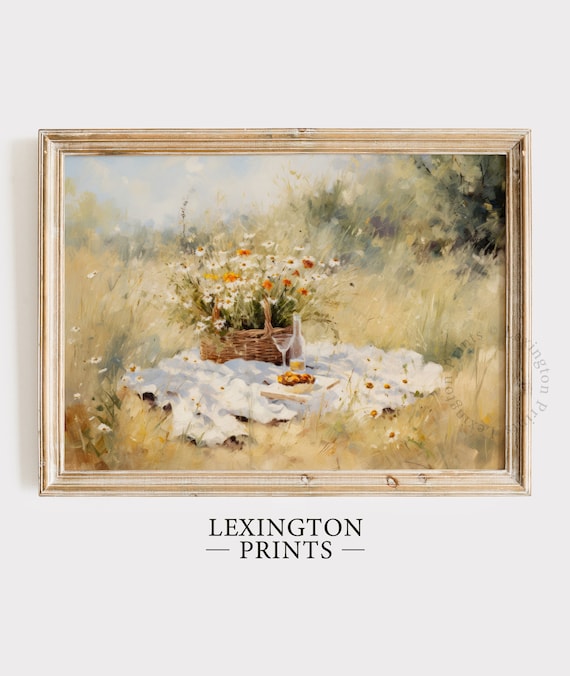 Wildflower Picnic Blanket Oil Painting Poster Sunlit Meadow Wall Decor