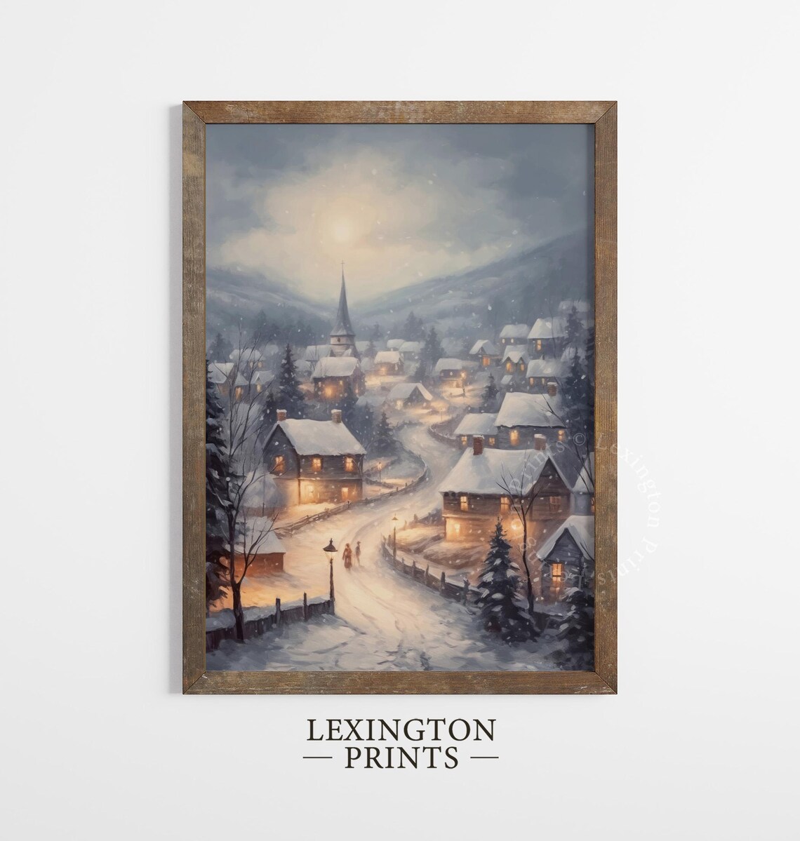Snowy Christmas Village Town Church Night Winter Painting Poster - Image 4