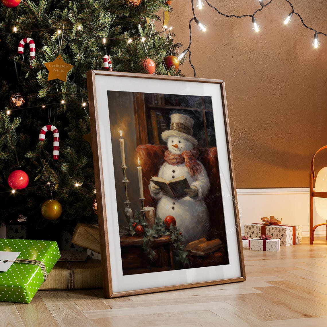 Cozy Snowman In Top Hat Reading Book By Candlelight Christmas Poster - Image 7