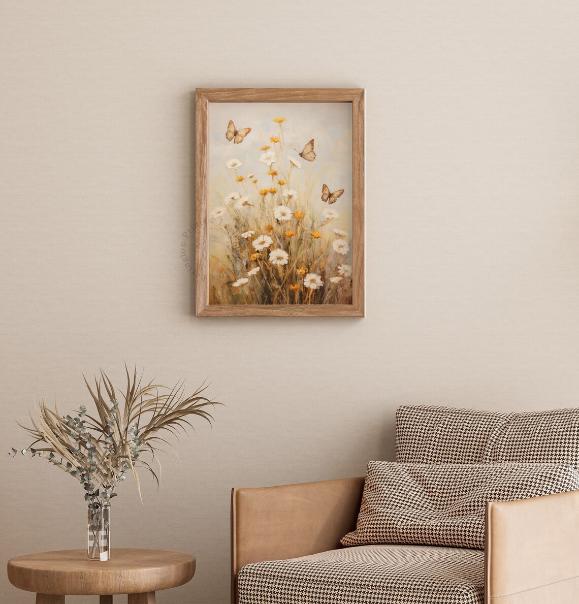 Butterflies Among White Daisies Wildflowers Soft Neutral Botanical Poster - Image 3