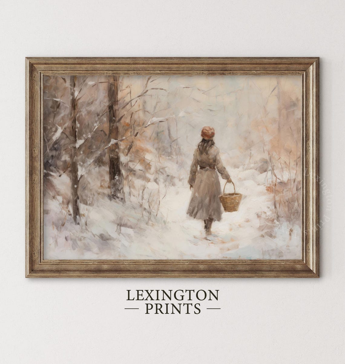 Girl With Basket Walking Snowy Forest Path Winter Scene Art Print