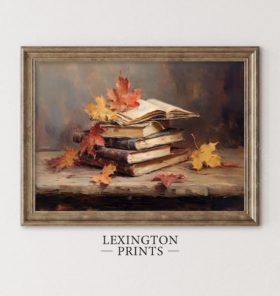 Stack of Books with Autumn Maple Leaves Still Life Fall Reading Poster
