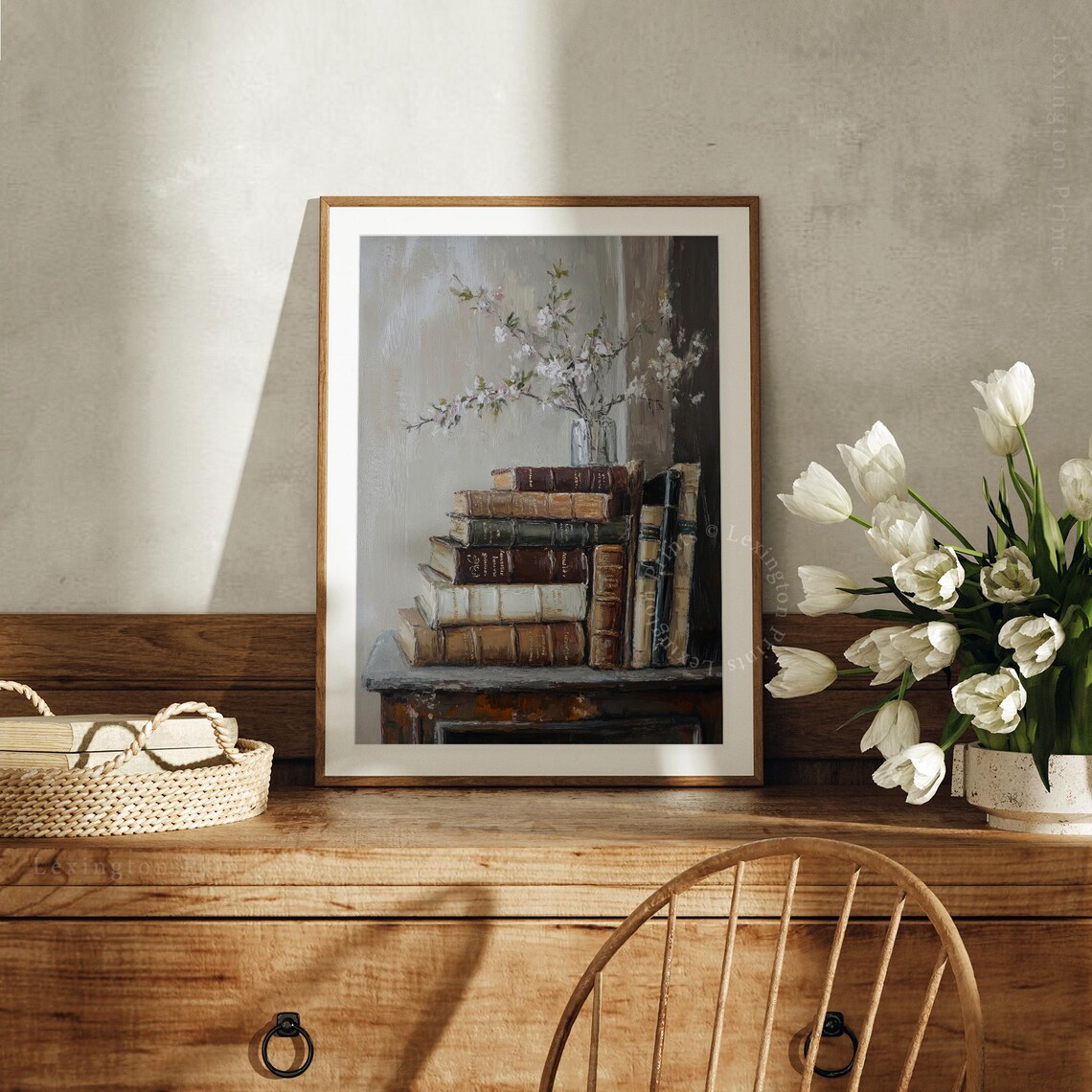 White Blossom Branches on Stack of Antique Books Vintage Art Print - Image 4