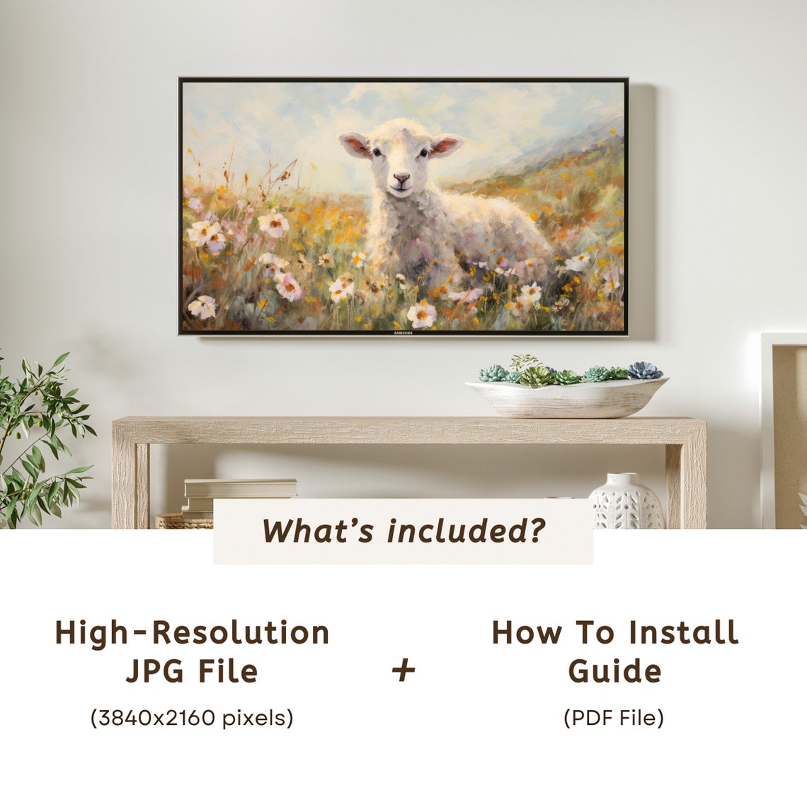 White Lamb in Wildflower Meadow Spring Scene Frame TV Art Poster - Image 6