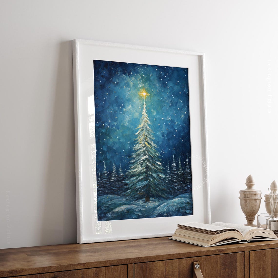 Snowy White Christmas Tree Glowing Star Blue Night Sky Poster - Image 3