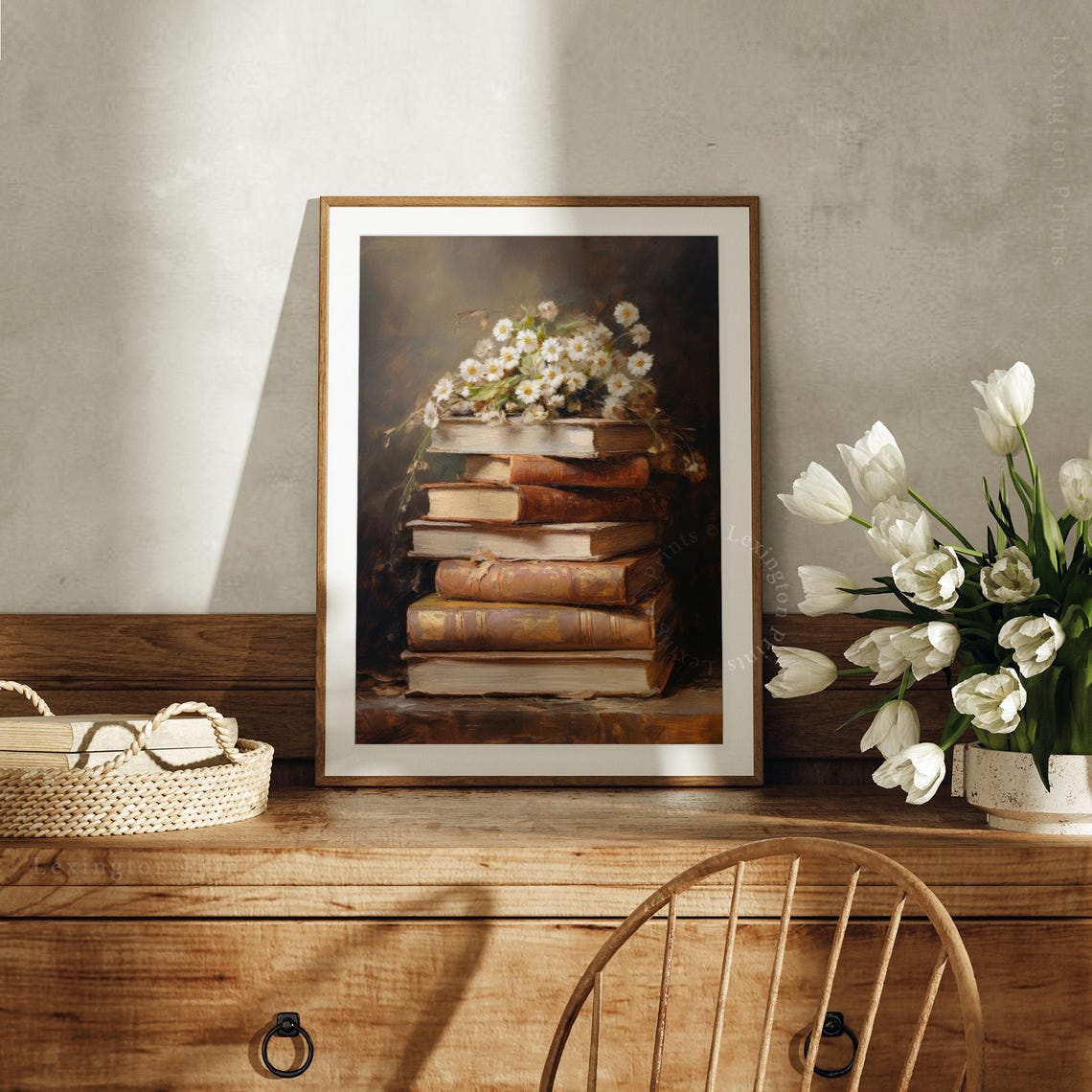 Vintage Stack of Books and White Daisy Bouquet Still Life Poster - Image 6