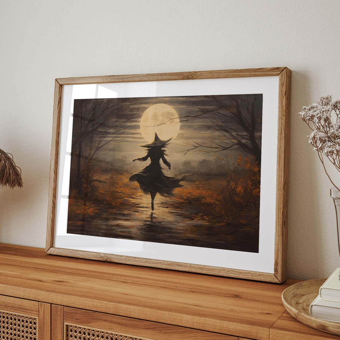 Witch Dancing Under Full Moon on Autumn Path Spooky Halloween Poster - Image 5