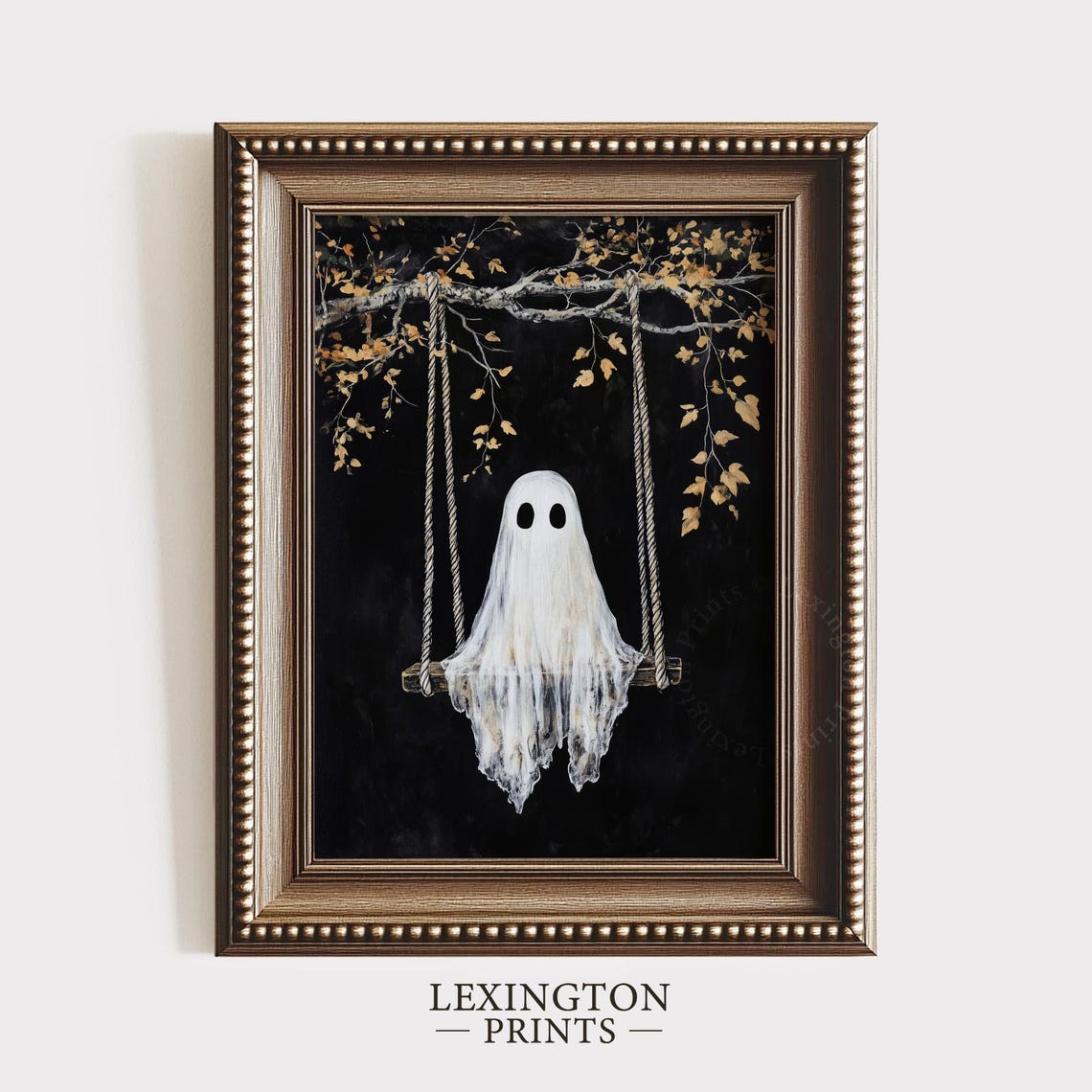 Cute White Ghost on a Swing Under Autumn Tree Halloween Poster - Image 2