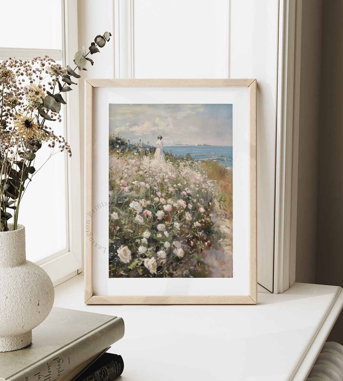 Woman Walking Through Rose Garden by the Sea Romantic Coastal Poster - Image 4