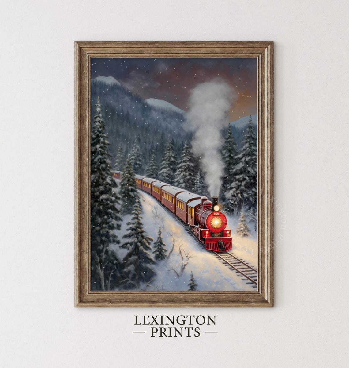Vintage Red Steam Train Snowy Pine Forest Christmas Night Poster - Image 5