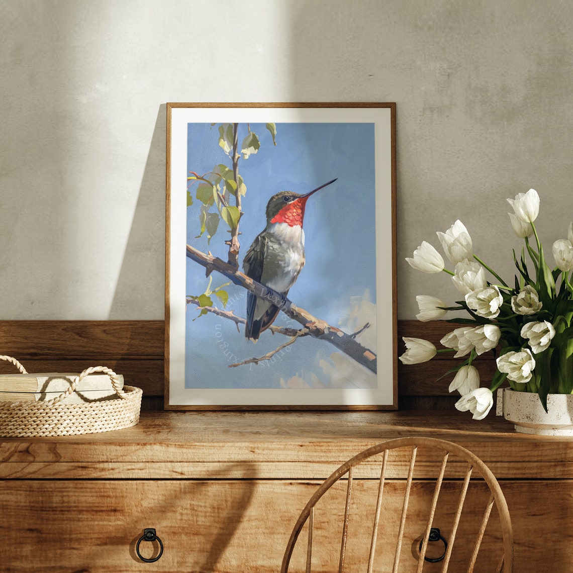 Ruby-Throated Hummingbird on Branch Blue Sky Summer Bird Poster - Image 2