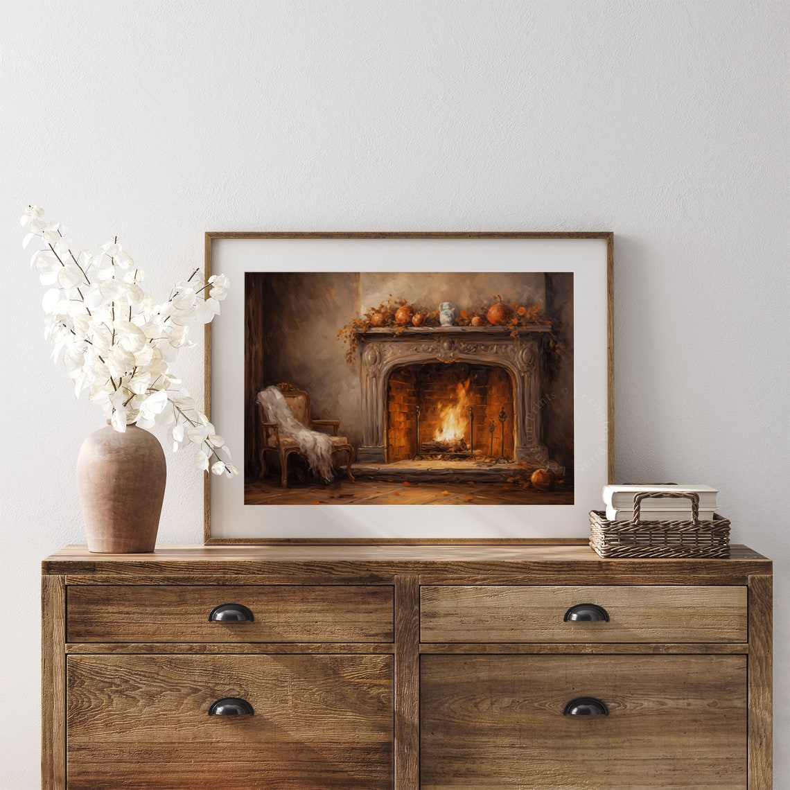 Fireplace with Burning Fire Fall Mantel Vintage Oil Painting Poster - Image 6