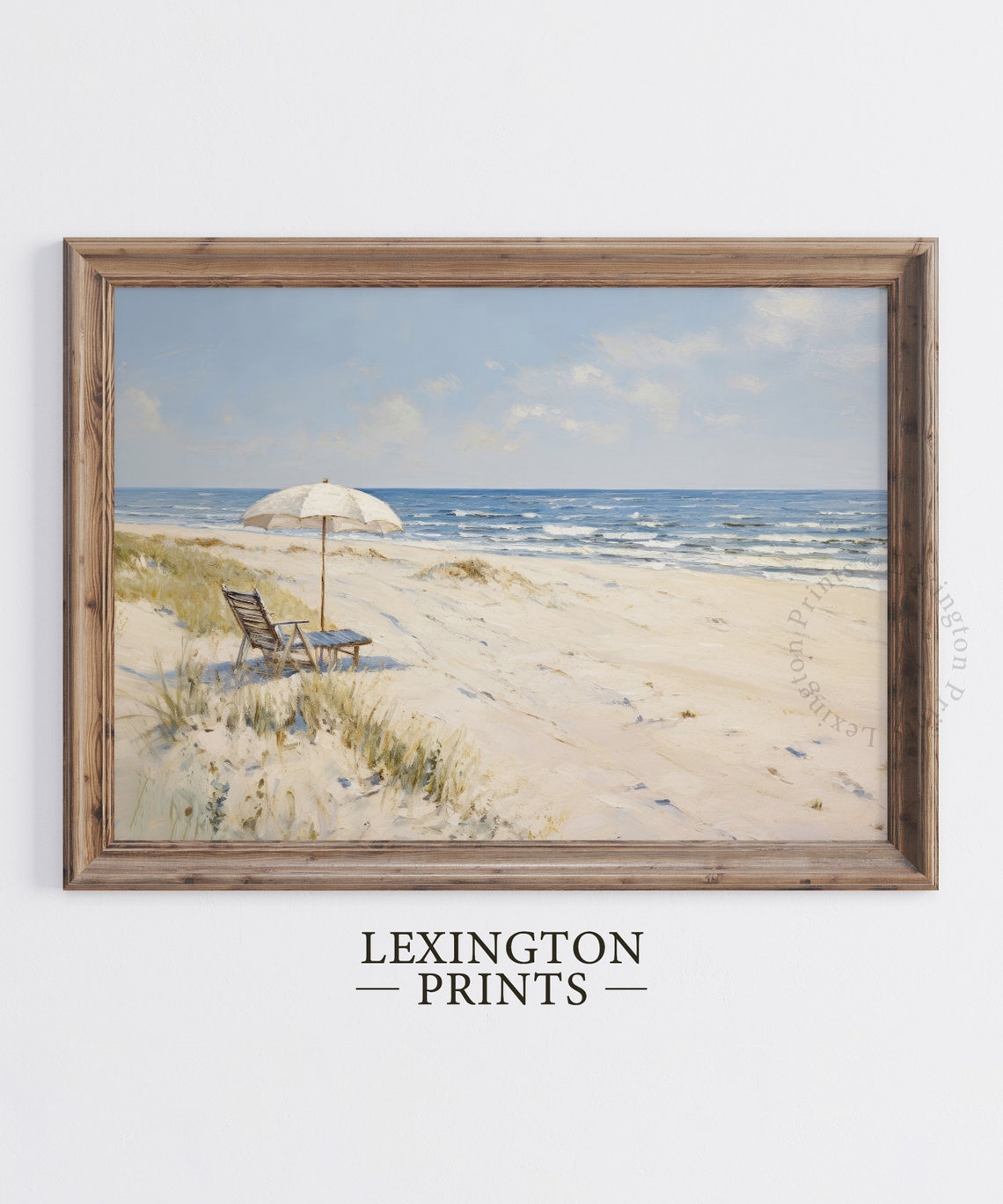 White Beach Umbrella Chairs Tranquil Ocean Oil Painting Coastal Poster - Image 5