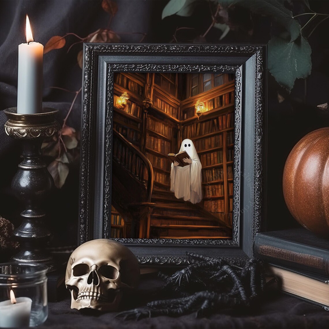 Cute Ghost Reading Book in Spooky Library Halloween Vintage Wall Art - Image 4