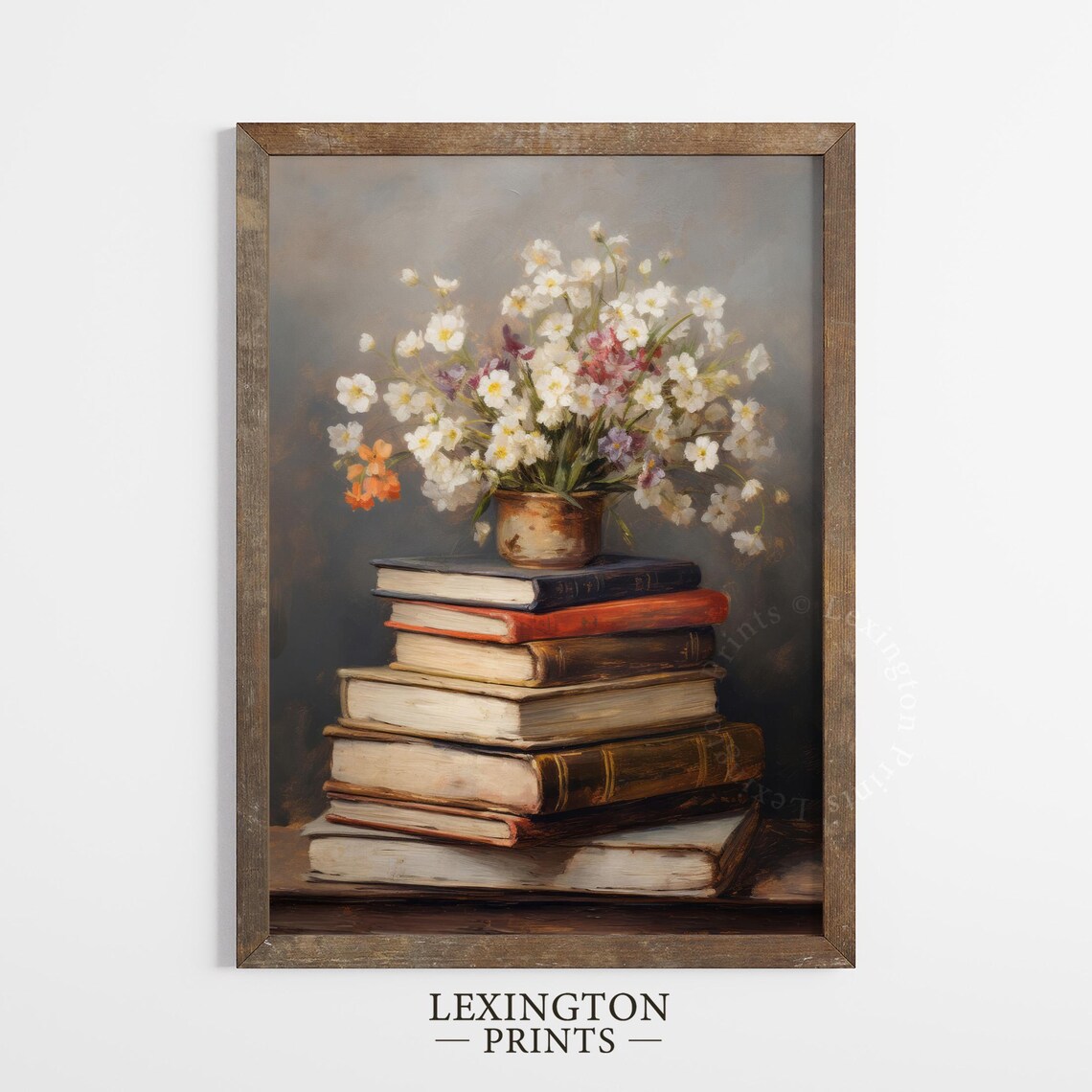 White Wildflower Bouquet in Brass Pot on Books Still Life Art Print - Image 5