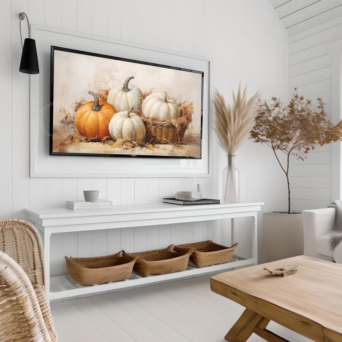 White and Orange Pumpkins in Wicker Basket Fall Still Life Poster - Image 8