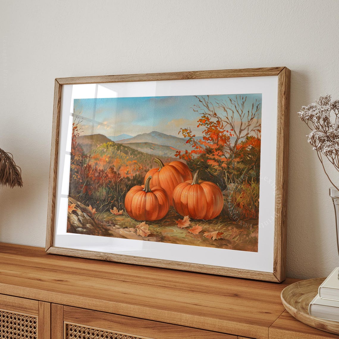 Orange Pumpkins with Autumn Mountain Valley Fall Landscape Wall Art - Image 8