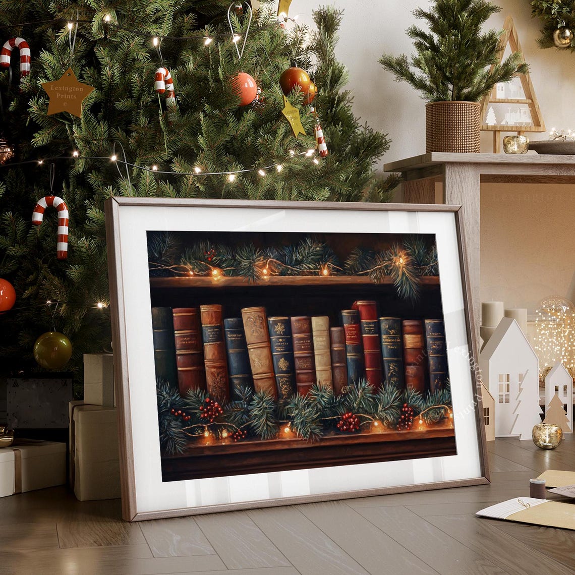 Vintage Books with Pine Garland Christmas Library Decor Poster - Image 4