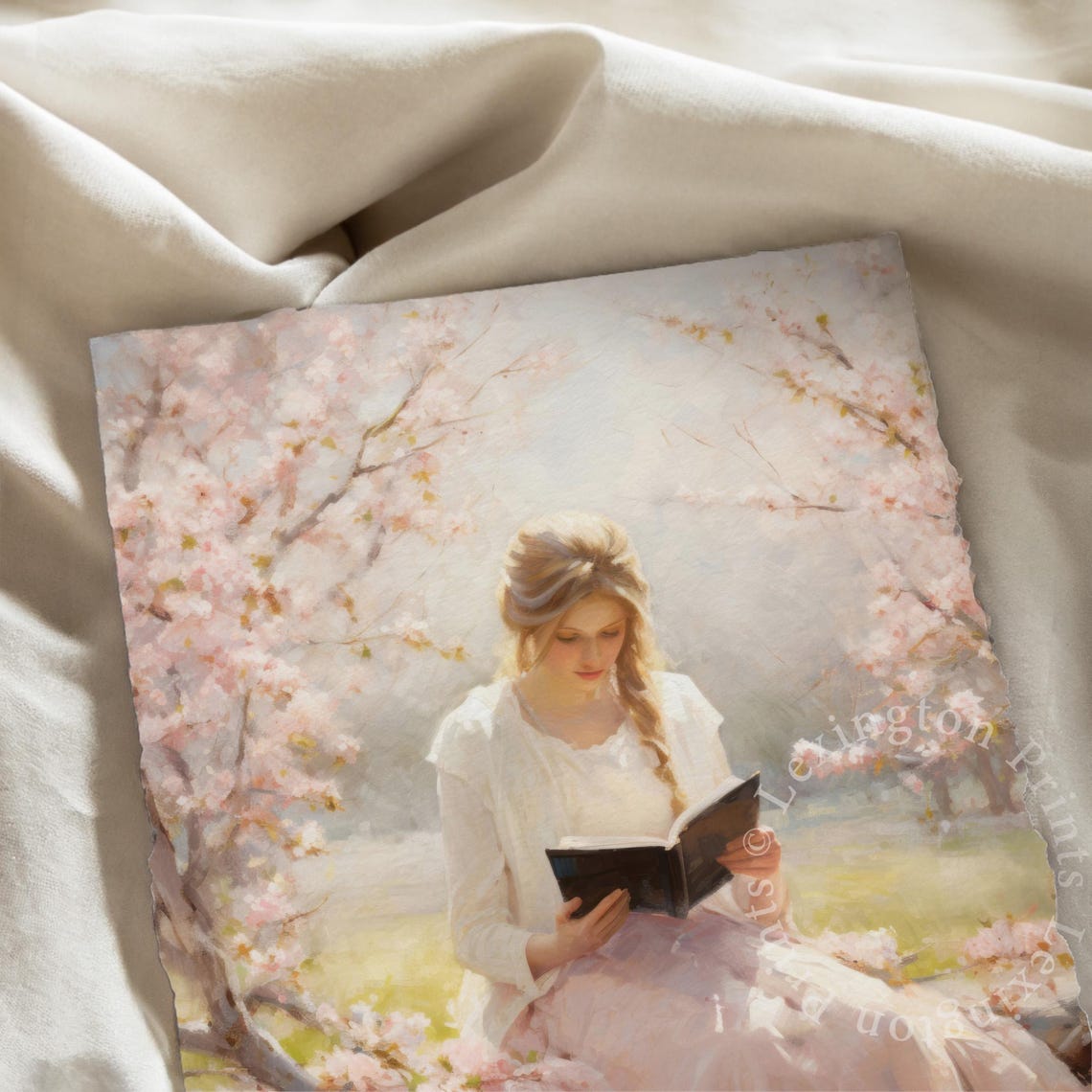 Woman Reading Book under Cherry Blossoms Pink Spring Garden Poster - Image 7