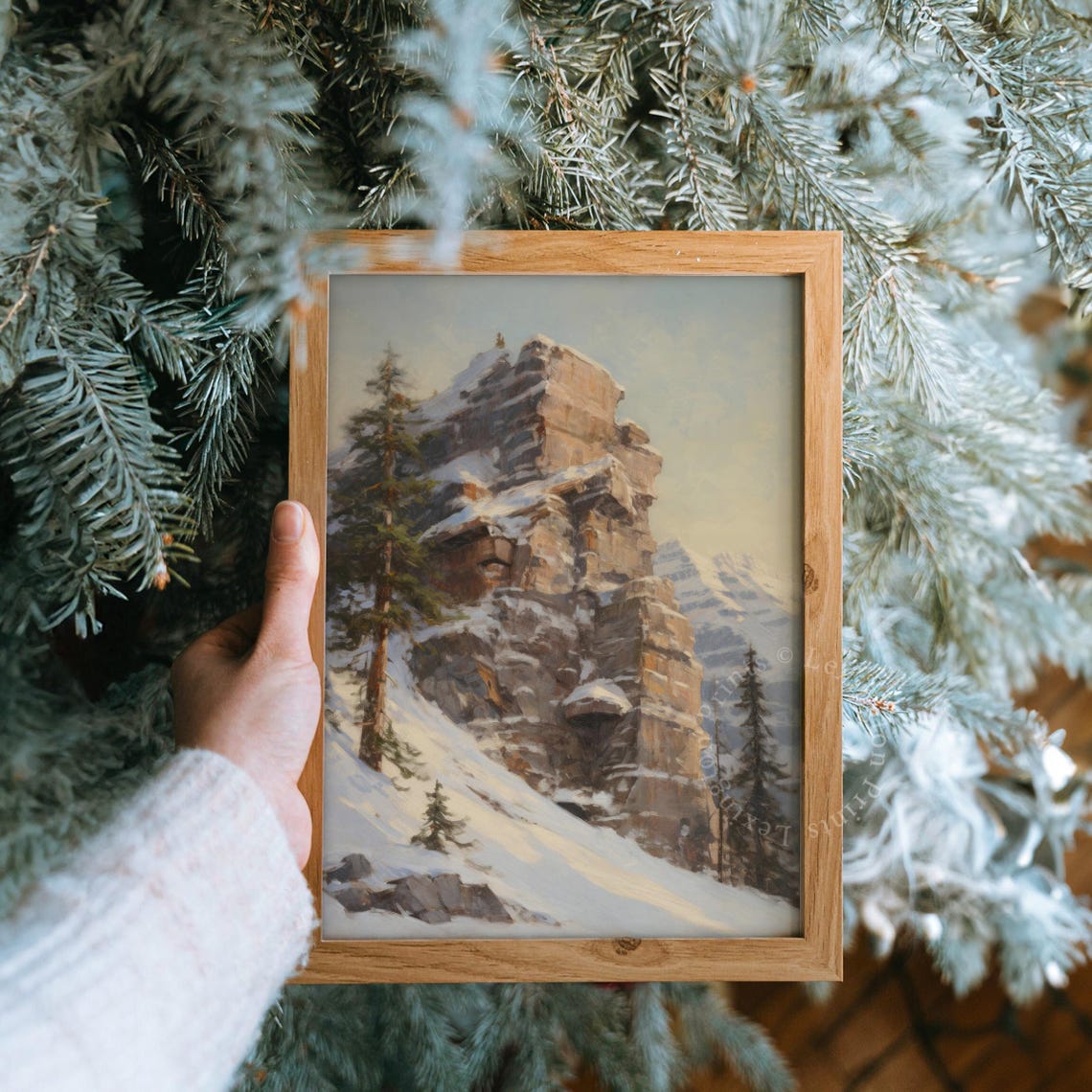 Snowy Rocky Mountain Cliff Winter Pine Trees Moody Landscape Poster - Image 8