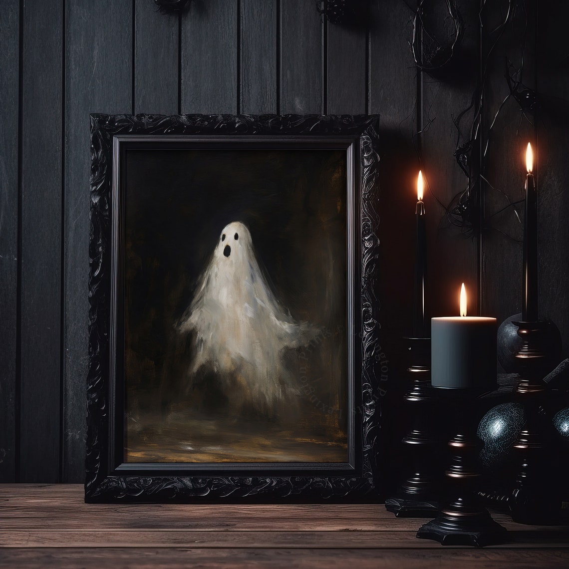Surprised Little Ghost Floating in Dark Moody Halloween Wall Art - Image 5