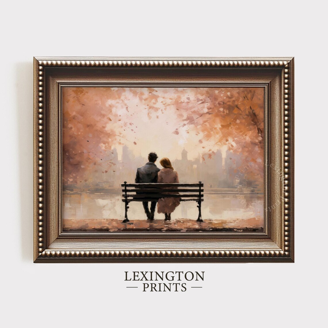 Romantic Couple on Park Bench Autumn City Skyline Watercolor Print - Image 4