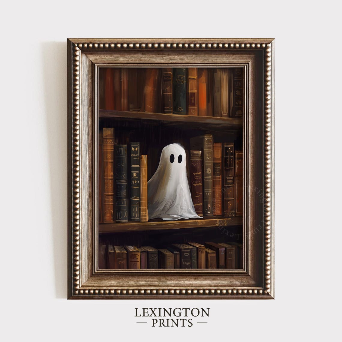 Little Ghost on Old Library Bookshelf Vintage Halloween Wall Art - Image 8