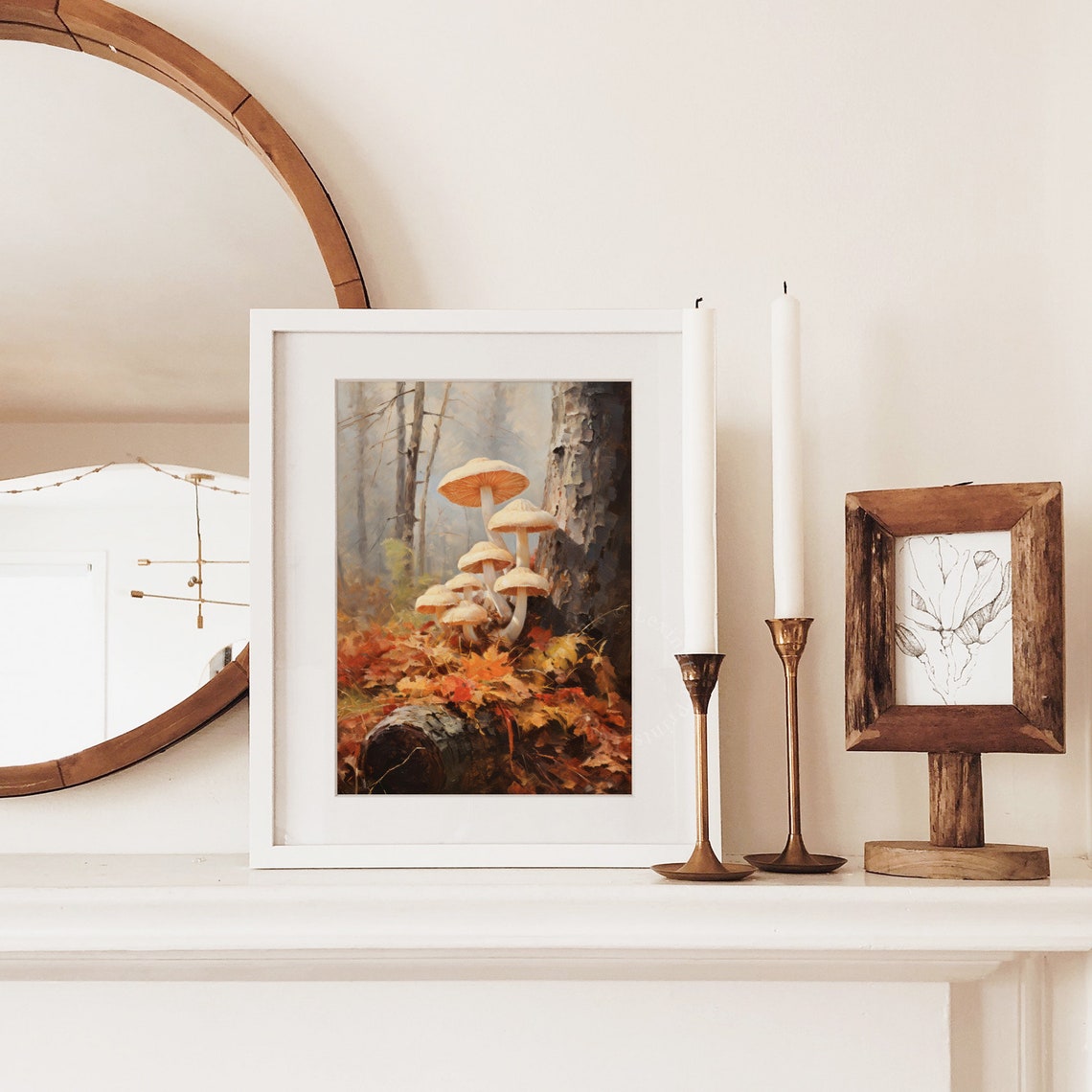 White Mushrooms by a Tree Trunk Autumn Leaves Woodland Poster - Image 5