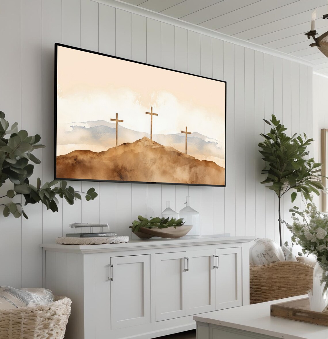 Three Wooden Crosses On Hill Soft Watercolor Sunrise Frame TV Art Poster - Image 3