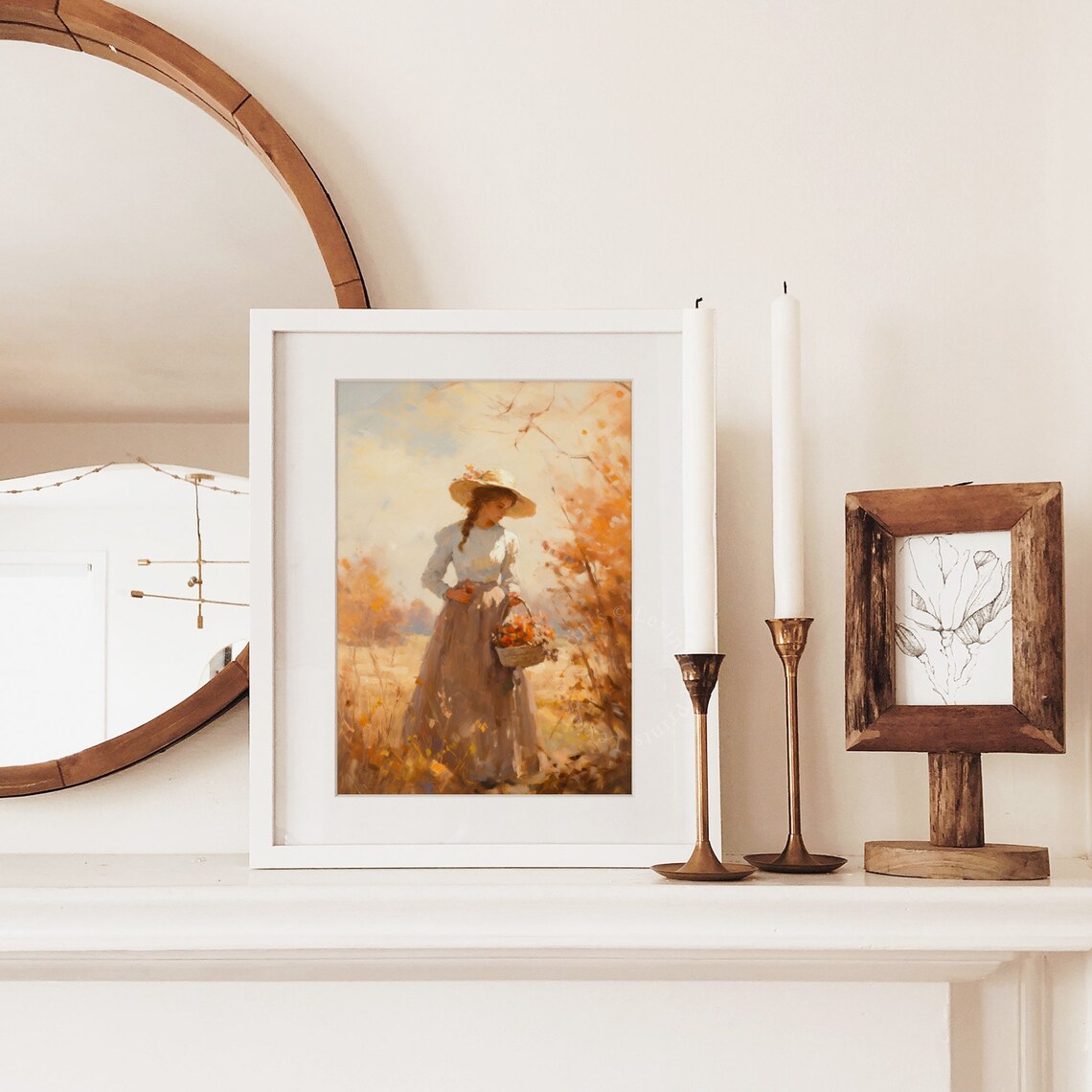 Woman with Flower Basket in Golden Autumn Field Romantic Fall Poster - Image 5