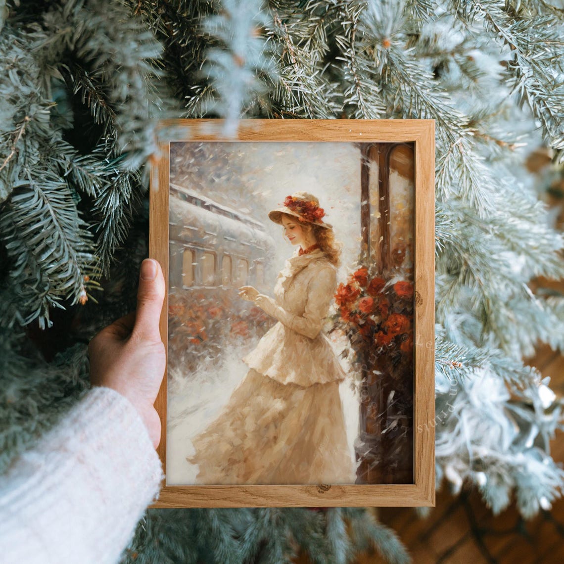Winter Print Vintage Christmas Wall Art Woman Christmas Oil Painting Christmas Decor Vintage 1950s Art City Train Art Holiday Winter Art 308 - Image 8