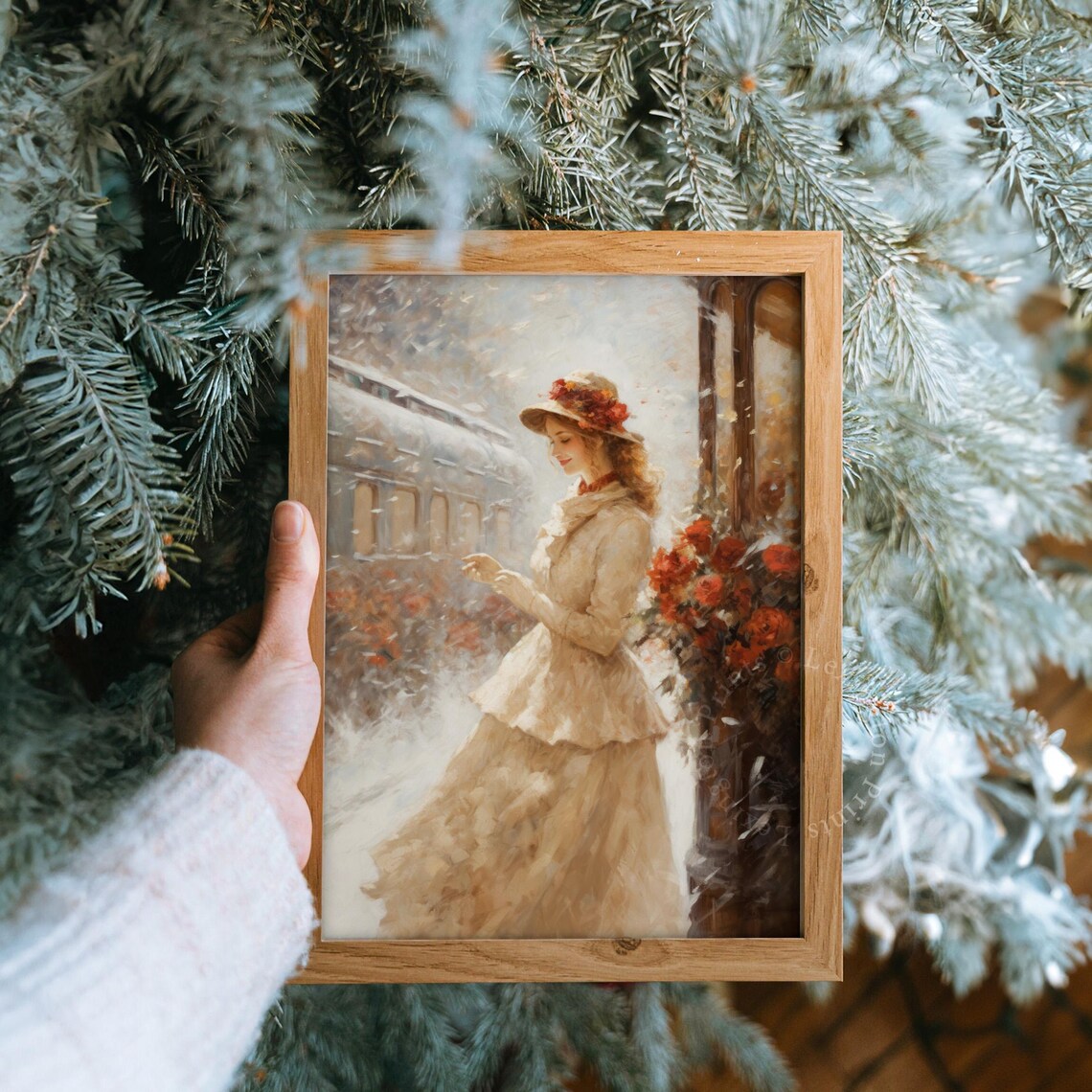 Woman with Red Flowers Beside a Train in Snow Painting Poster - Image 8