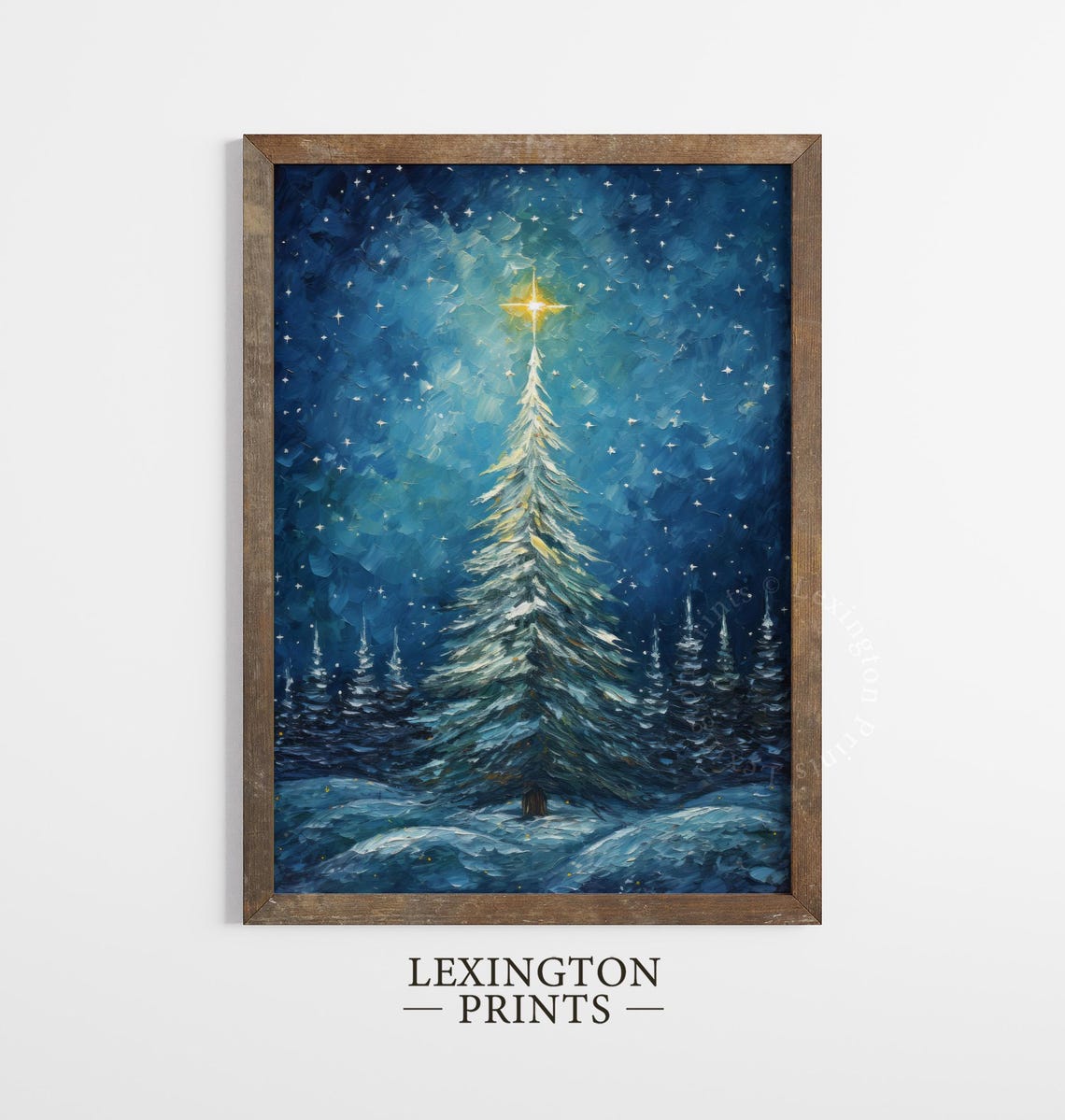 Snowy White Christmas Tree Glowing Star Blue Night Sky Poster - Image 4