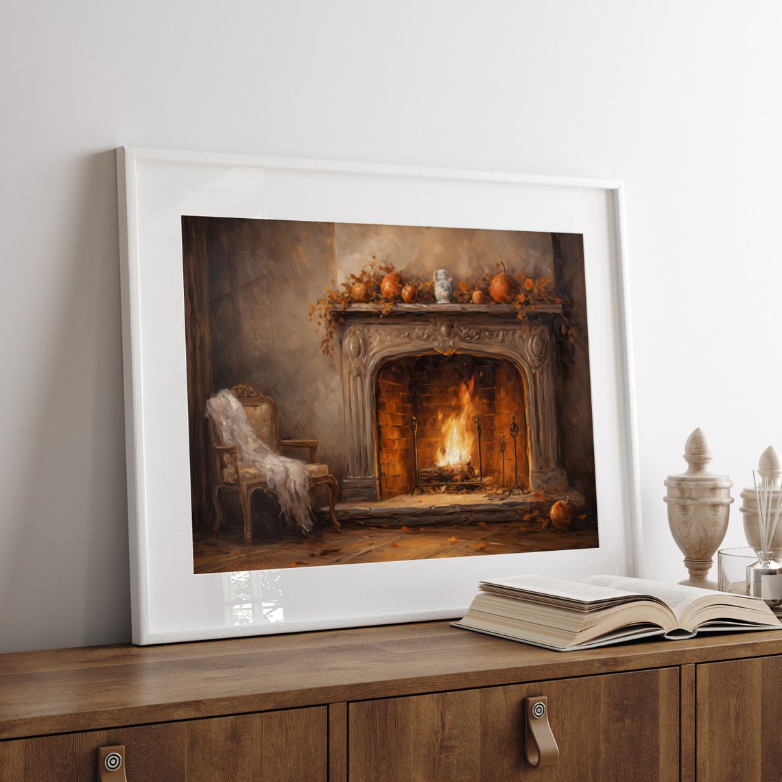 Fireplace with Burning Fire Fall Mantel Vintage Oil Painting Poster - Image 3