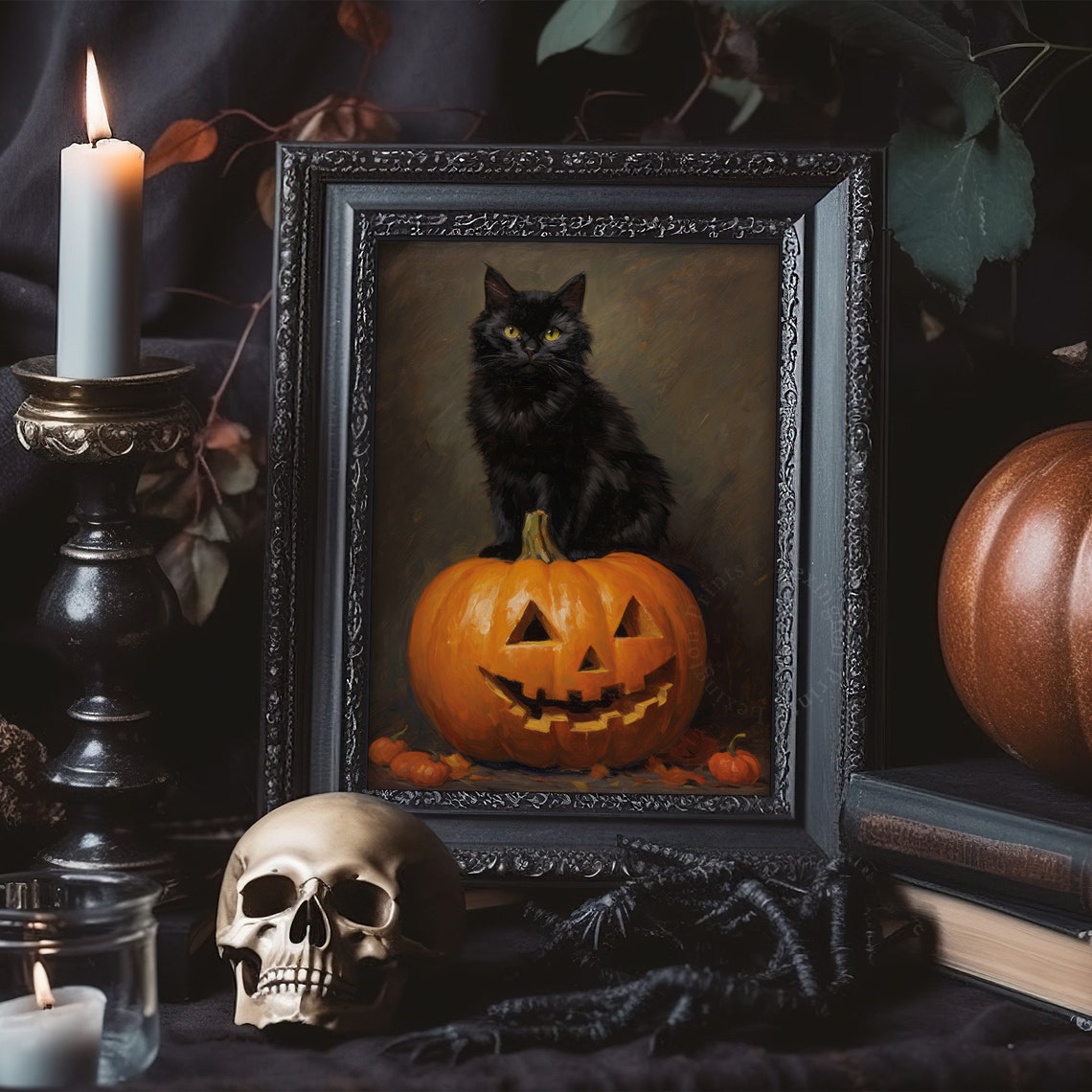 Black Cat Sitting on Carved Jack O Lantern Spooky Halloween Poster - Image 7