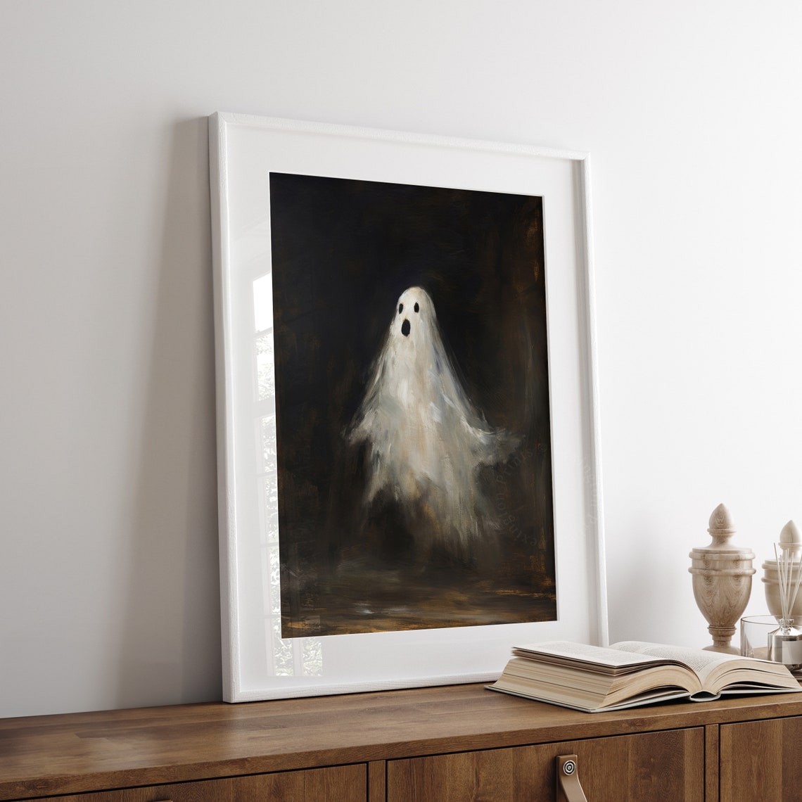 Surprised Little Ghost Floating in Dark Moody Halloween Wall Art - Image 3