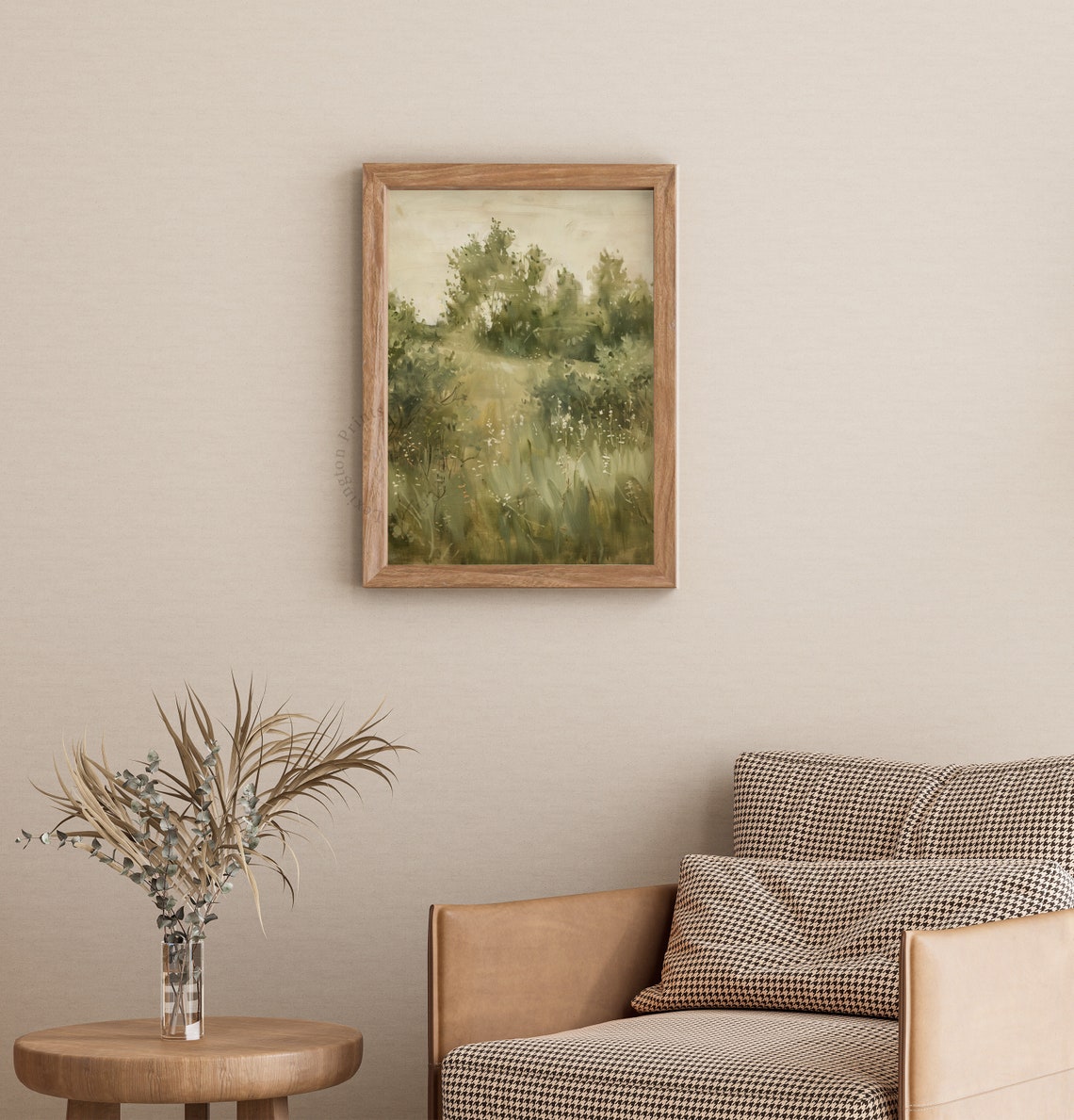 Serene Misty Green Meadow Watercolor Landscape Morning Light Art Print - Image 3