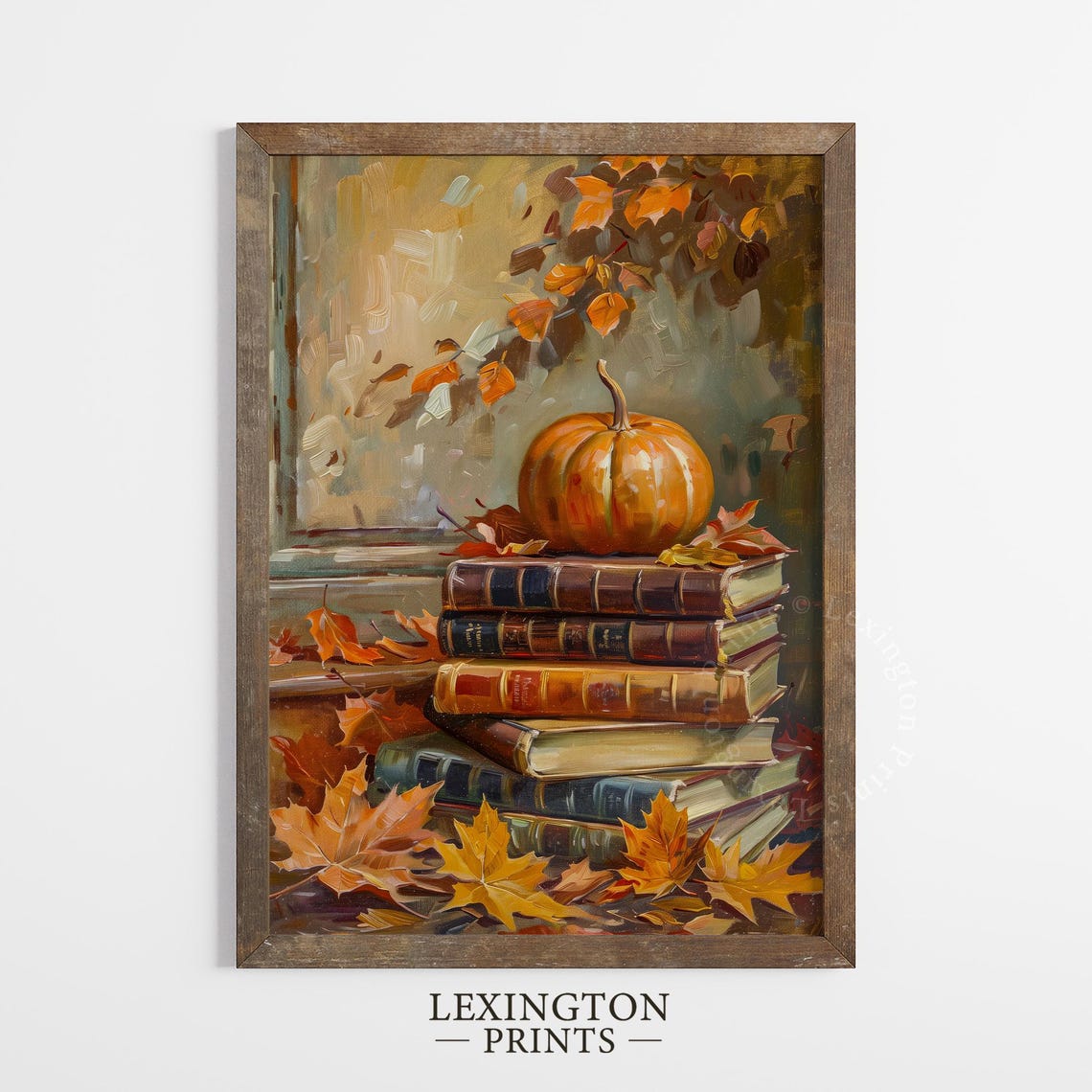 Pumpkin on a Stack of Vintage Books Cozy Fall Still Life Poster - Image 4