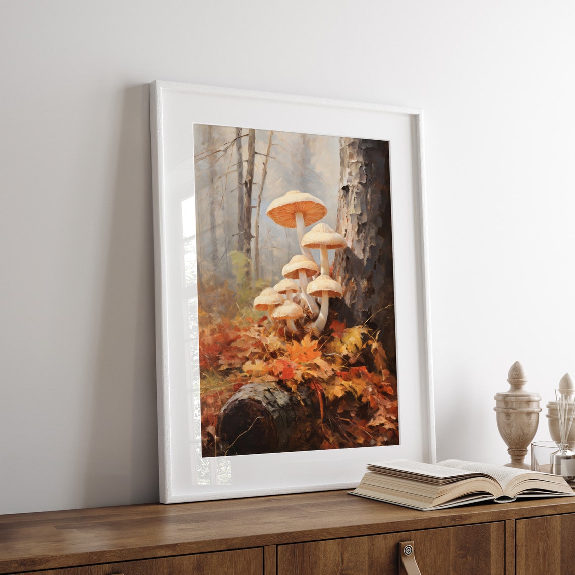 White Mushrooms by a Tree Trunk Autumn Leaves Woodland Poster - Image 7